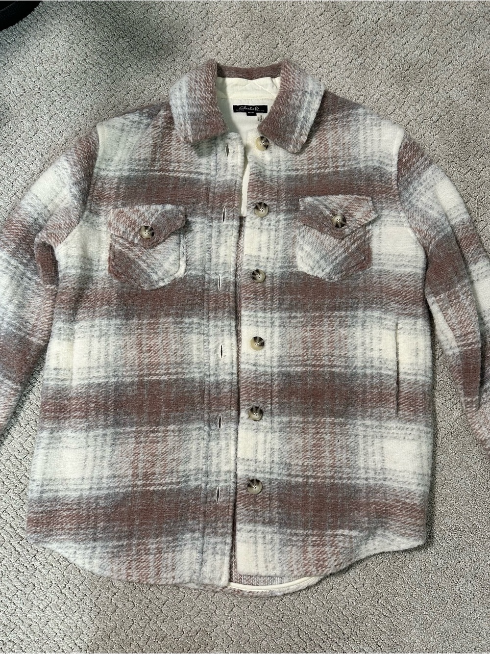 Charlie B Plaid Shacket Women M Brown Cream Gray Oversized Shirt Jacket